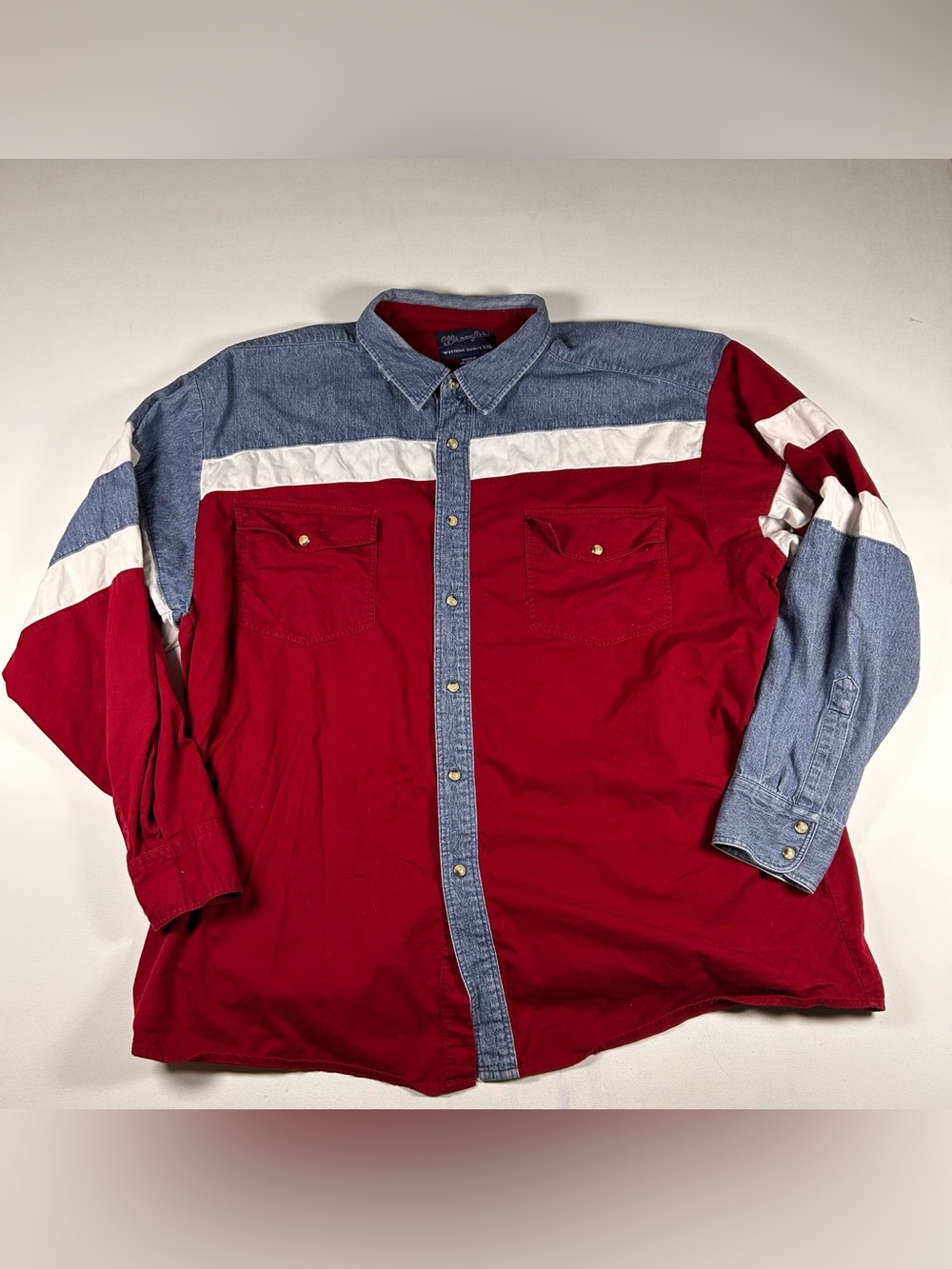 VINTAGE Wrangler Shirt Men 2XL Blue Red White Striped Pearl Snap Brushpopper